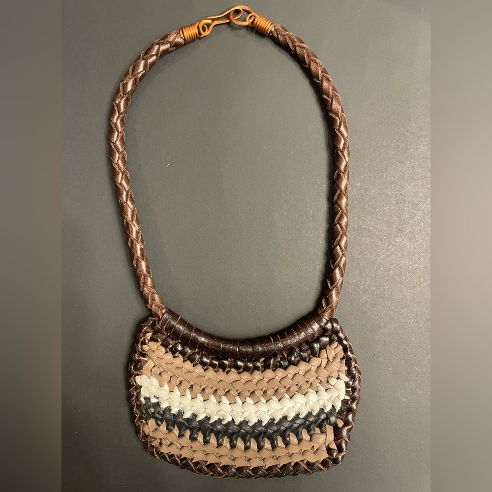 Elegant Brown Woven Natural Leather Necklace